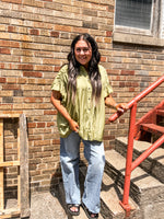 Chartreuse Short Sleeve Ruch Button Up Flutter Sleeve