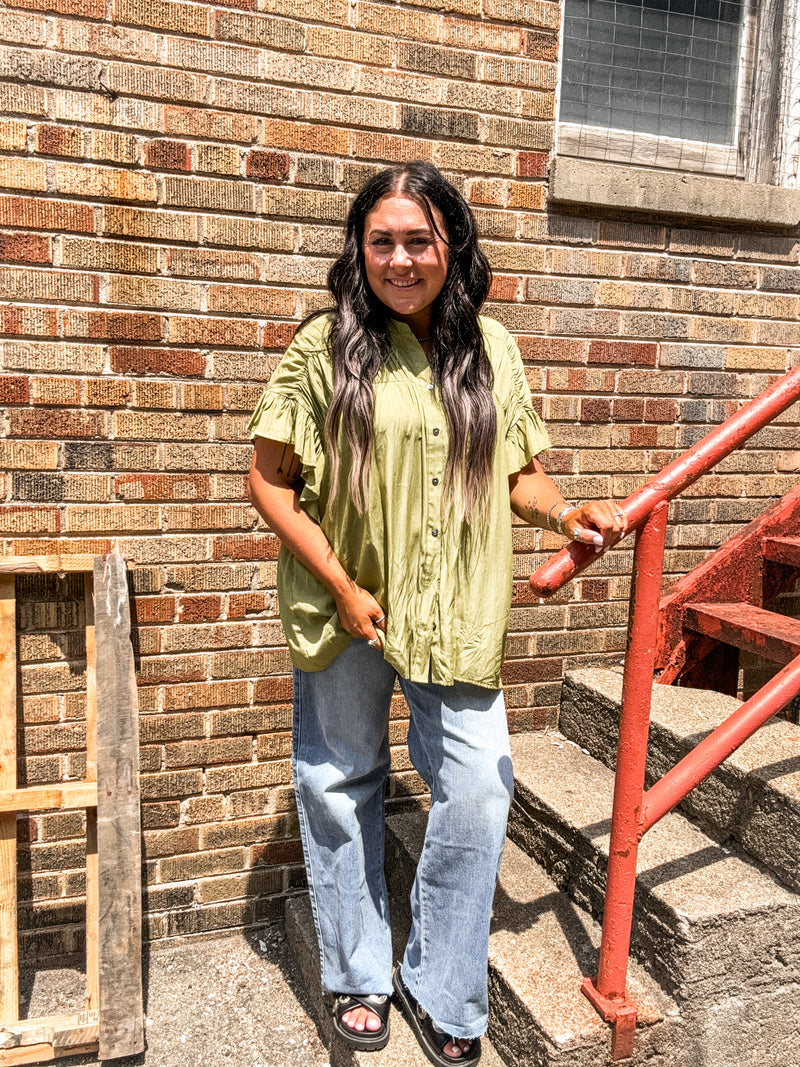 Chartreuse Short Sleeve Ruch Button Up Flutter Sleeve