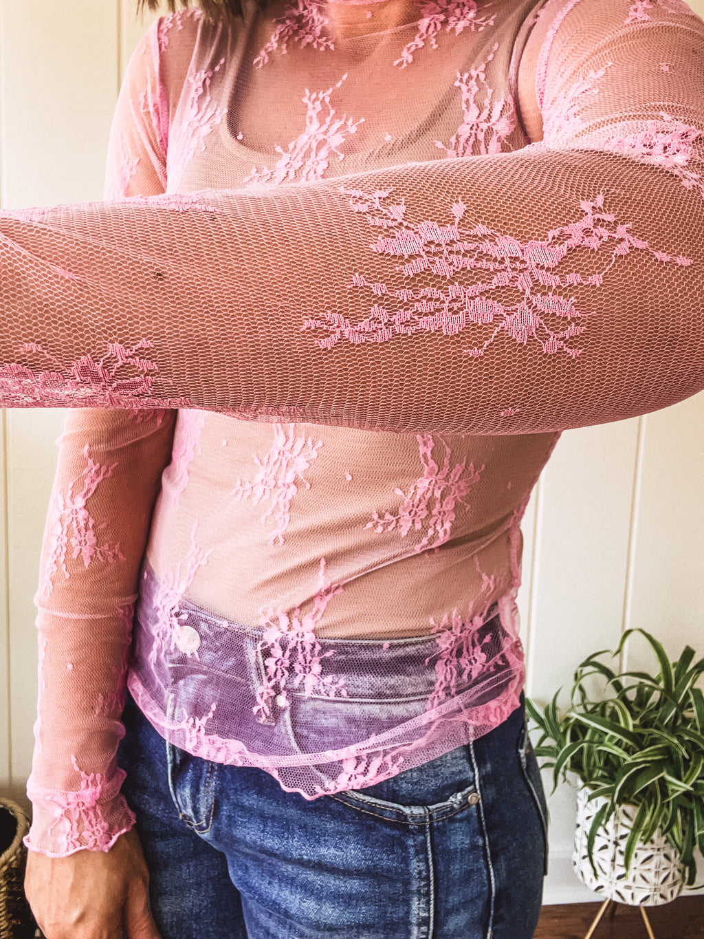 Pink All Over Floral Sheer Lace Top