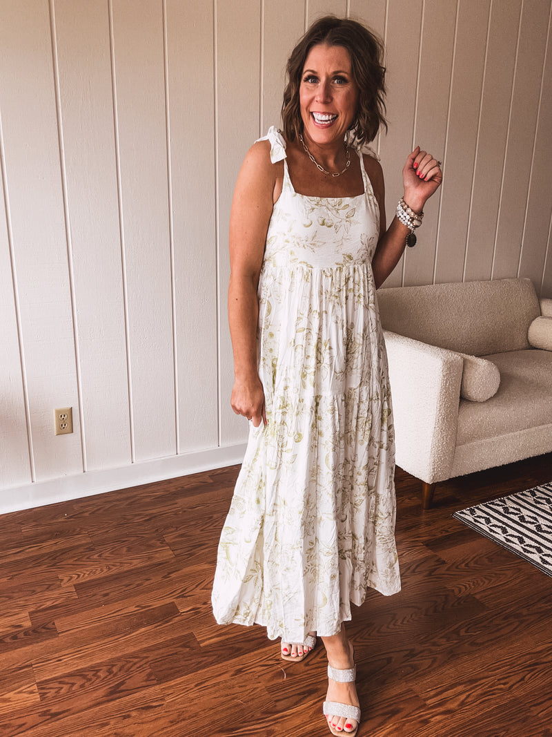 Olive Fruit Blossom Tiered Dress with Shoulder Tie