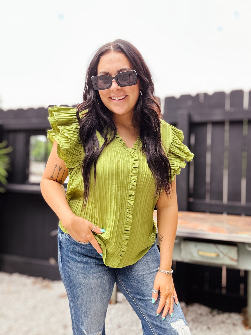 Avocado Vertical Texture Flutter Sleeve Top