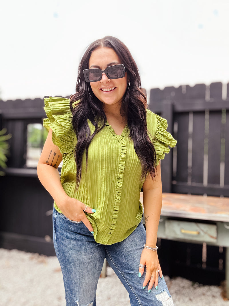 Avocado Vertical Texture Flutter Sleeve Top