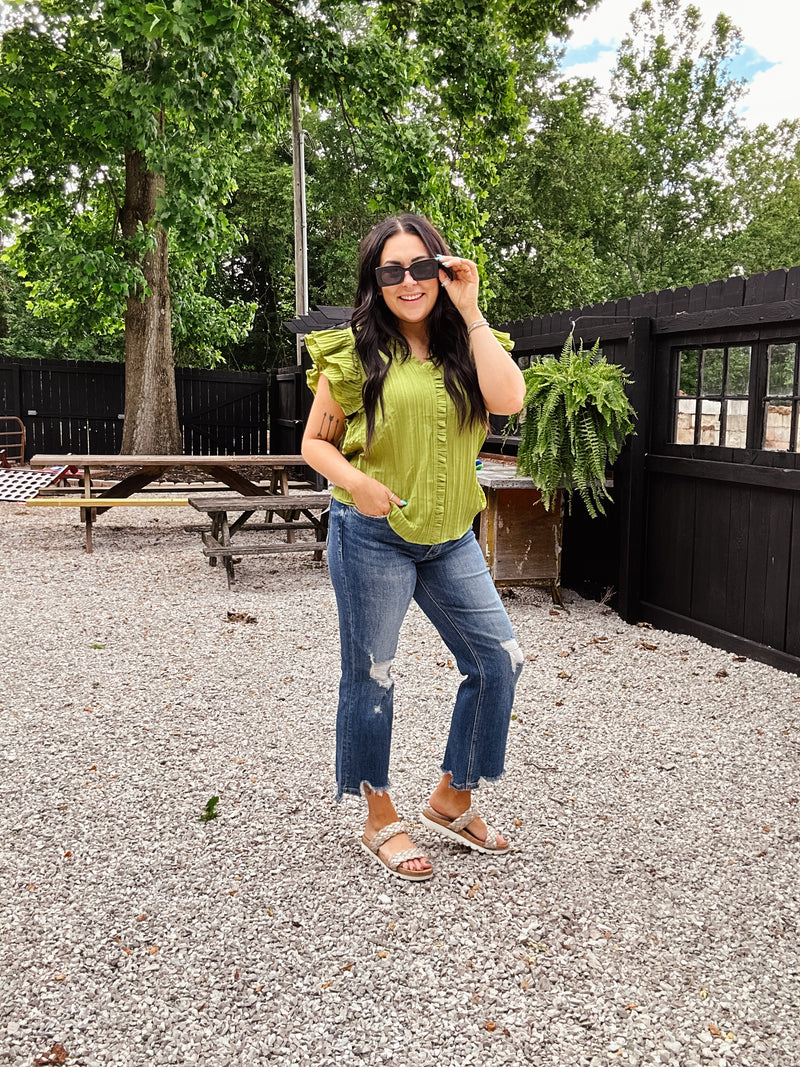 Avocado Vertical Texture Flutter Sleeve Top