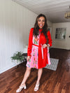 Tomato Red Pink Accordion Dress with Waist Tie