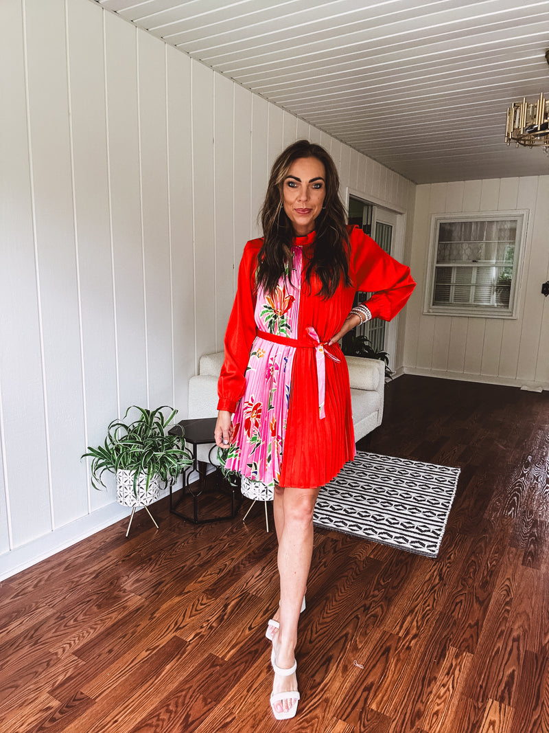 Tomato Red Pink Accordion Dress with Waist Tie