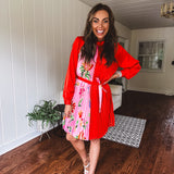 Tomato Red Pink Accordion Dress with Waist Tie