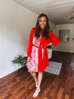 Tomato Red Pink Accordion Dress with Waist Tie