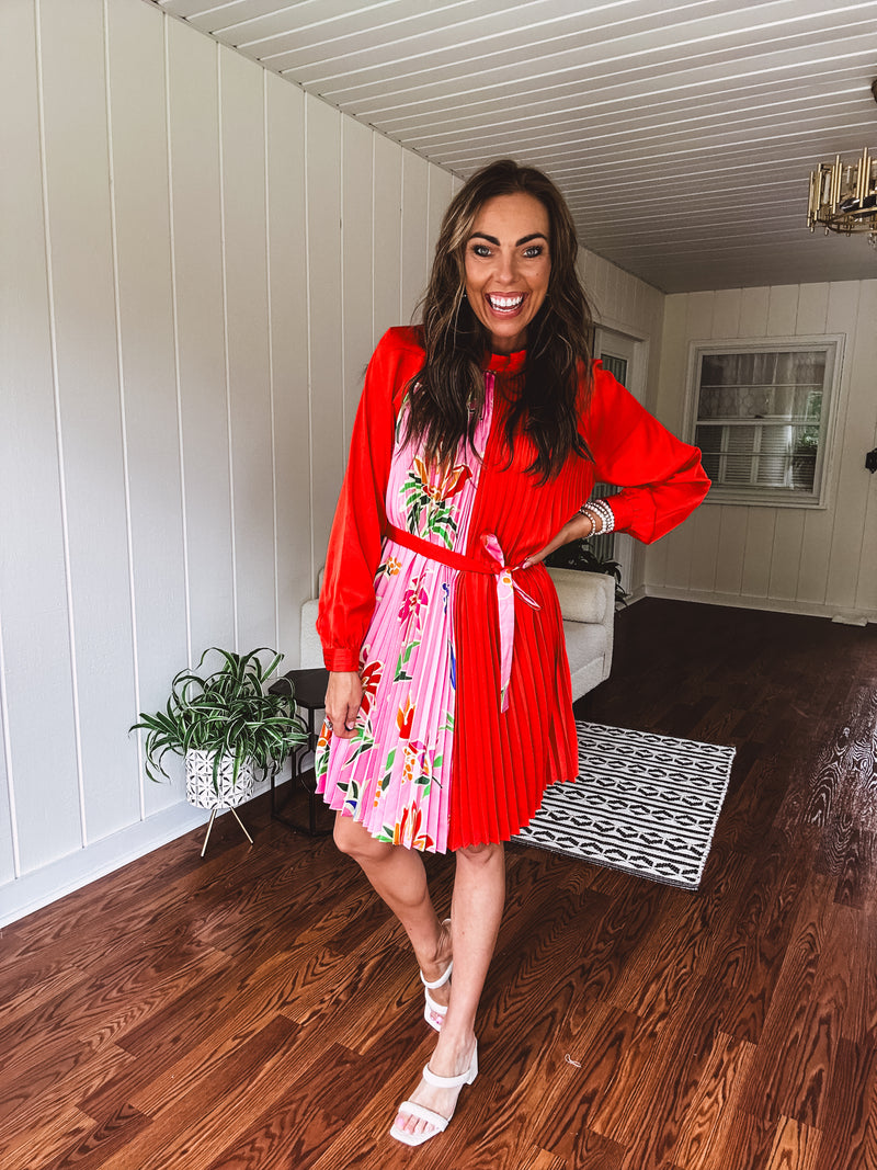 Tomato Red Pink Accordion Dress with Waist Tie