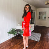 Tomato Red Pink Accordion Dress with Waist Tie