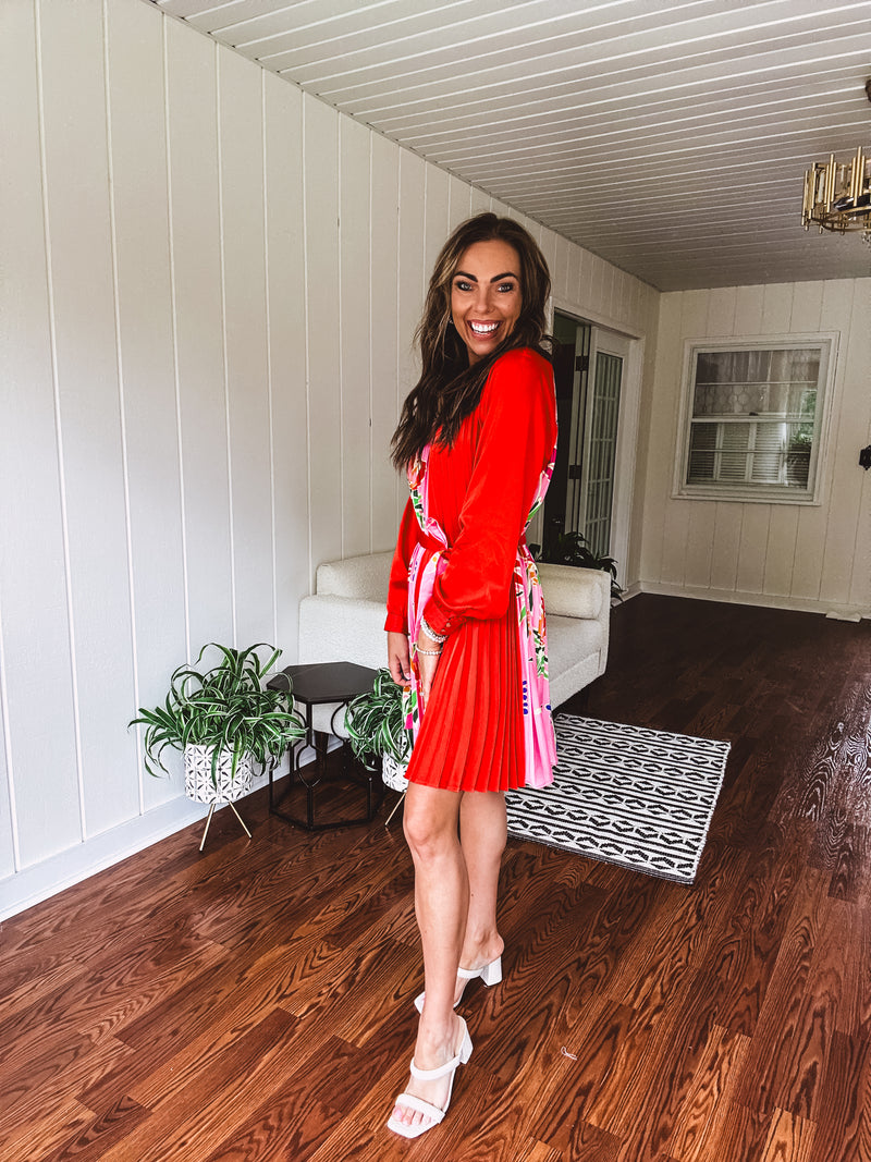 Tomato Red Pink Accordion Dress with Waist Tie