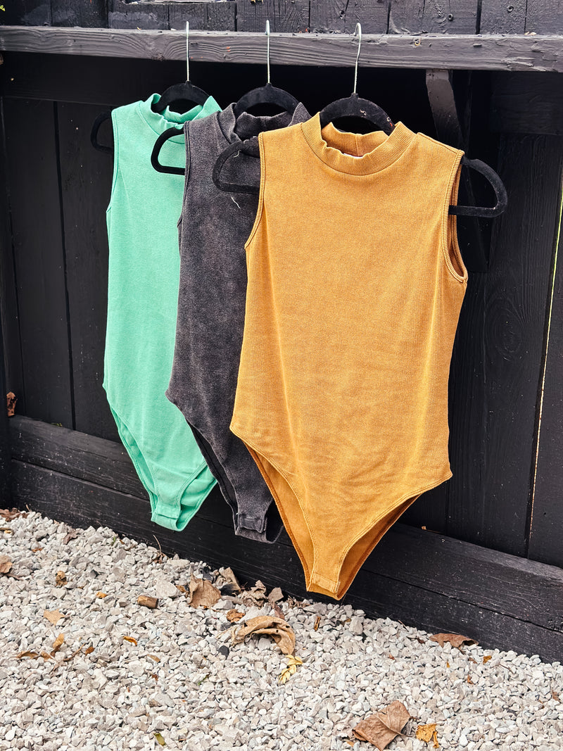Fitted Mock Neck Micro Rib Washed Bodysuit