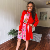 Tomato Red Pink Accordion Dress with Waist Tie