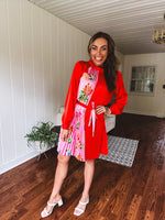 Tomato Red Pink Accordion Dress with Waist Tie