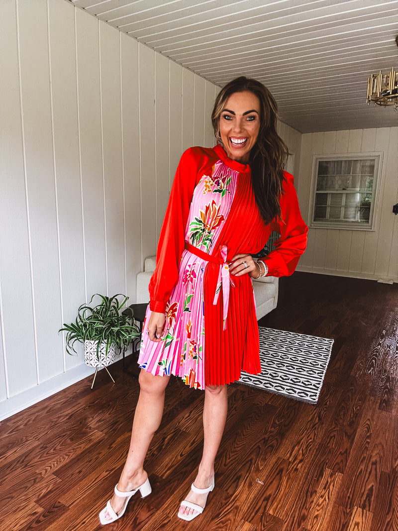 Tomato Red Pink Accordion Dress with Waist Tie