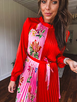 Tomato Red Pink Accordion Dress with Waist Tie
