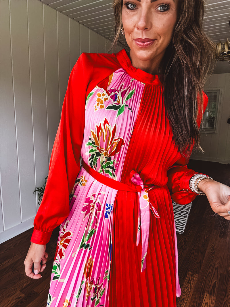 Tomato Red Pink Accordion Dress with Waist Tie