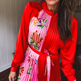 Tomato Red Pink Accordion Dress with Waist Tie