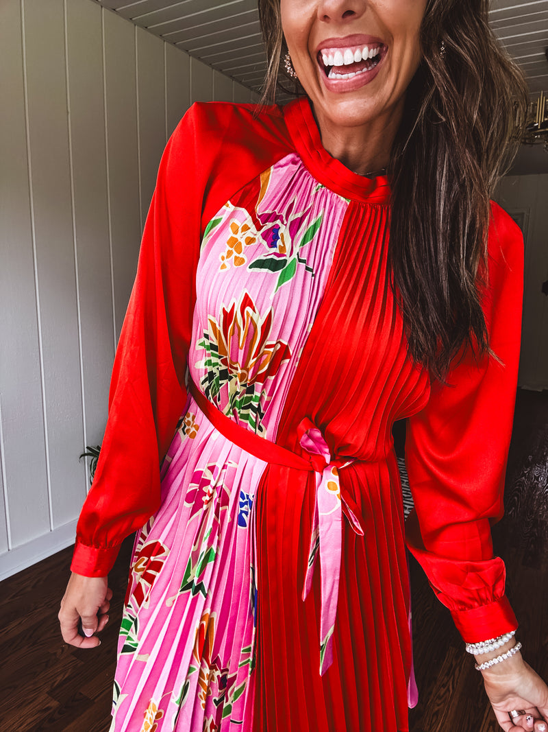 Tomato Red Pink Accordion Dress with Waist Tie