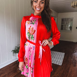 Tomato Red Pink Accordion Dress with Waist Tie