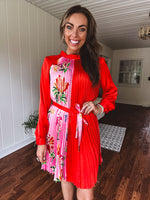 Tomato Red Pink Accordion Dress with Waist Tie
