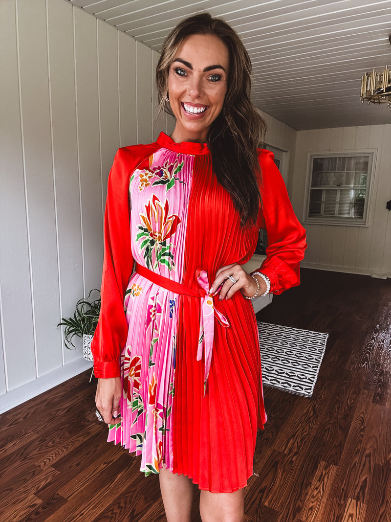 Tomato Red Pink Accordion Dress with Waist Tie