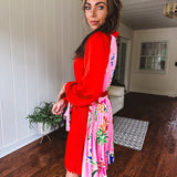 Tomato Red Pink Accordion Dress with Waist Tie