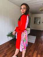 Tomato Red Pink Accordion Dress with Waist Tie