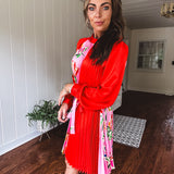 Tomato Red Pink Accordion Dress with Waist Tie