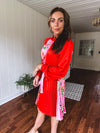 Tomato Red Pink Accordion Dress with Waist Tie