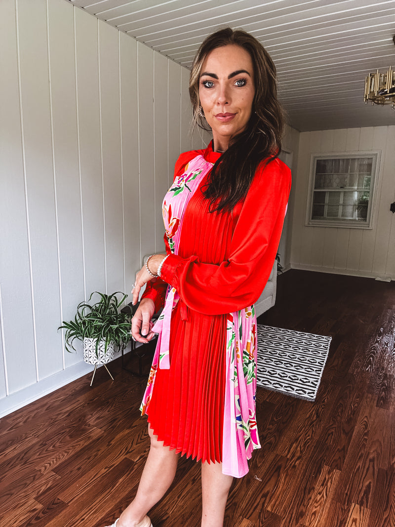 Tomato Red Pink Accordion Dress with Waist Tie