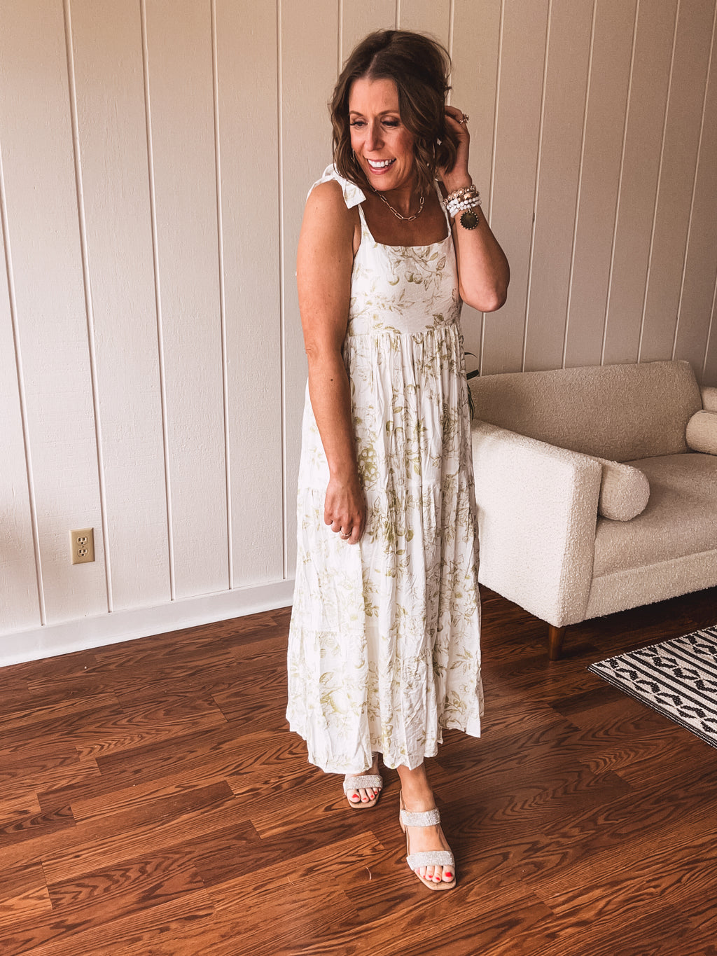 Olive Fruit Blossom Tiered Dress with Shoulder Tie
