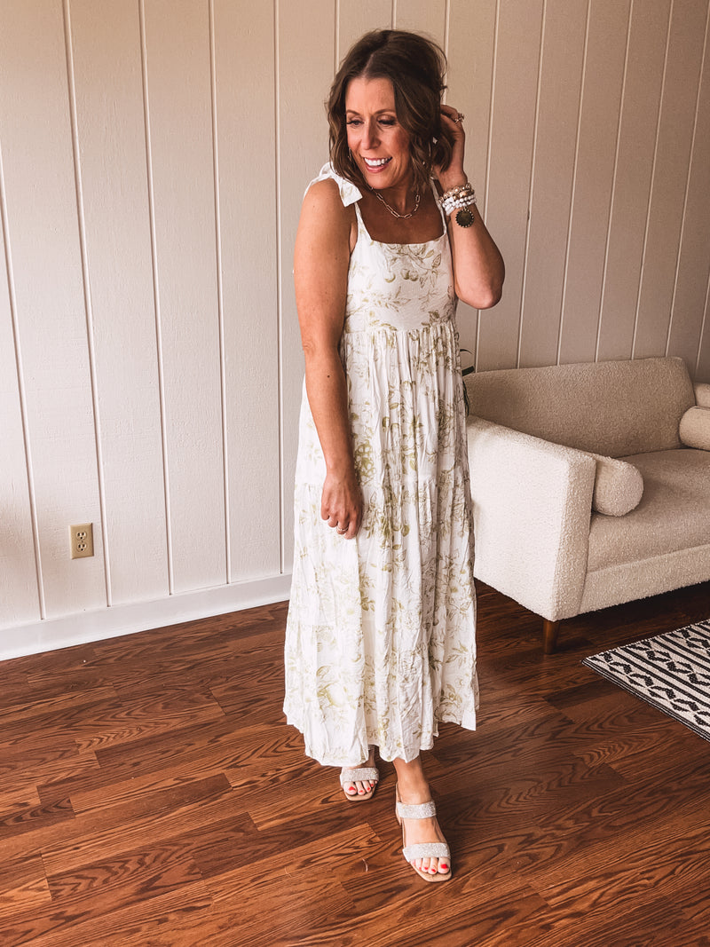 Olive Fruit Blossom Tiered Dress with Shoulder Tie