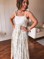 Olive Fruit Blossom Tiered Dress with Shoulder Tie