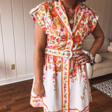 Orange Floral Lapel Collar Dress with Belt