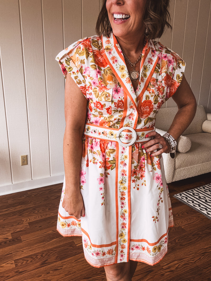 Orange Floral Lapel Collar Dress with Belt