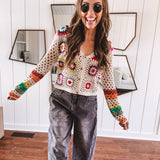 Button Down Granny Crochet Knit Cardigan with Long Sleeves