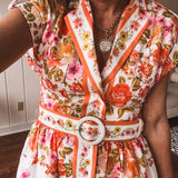 Orange Floral Lapel Collar Dress with Belt