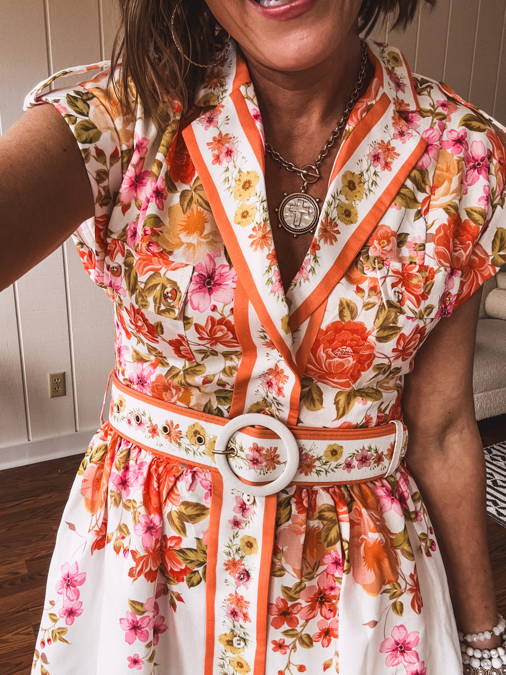 Orange Floral Lapel Collar Dress with Belt