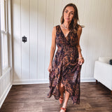 Black Midnight Garden Wrap Midi Dress