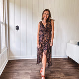 Black Midnight Garden Wrap Midi Dress