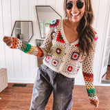 Button Down Granny Crochet Knit Cardigan with Long Sleeves