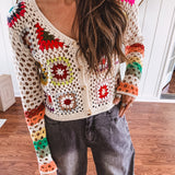 Button Down Granny Crochet Knit Cardigan with Long Sleeves