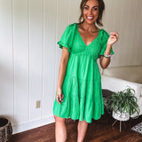 Kiwi Green Jacquard Checker Tiered Dress