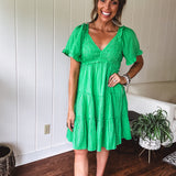 Kiwi Green Jacquard Checker Tiered Dress