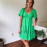 Kiwi Green Jacquard Checker Tiered Dress