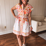 Orange Floral Lapel Collar Dress with Belt