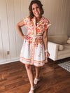Orange Floral Lapel Collar Dress with Belt