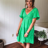 Kiwi Green Jacquard Checker Tiered Dress
