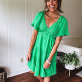 Kiwi Green Jacquard Checker Tiered Dress