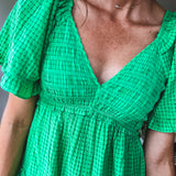 Kiwi Green Jacquard Checker Tiered Dress